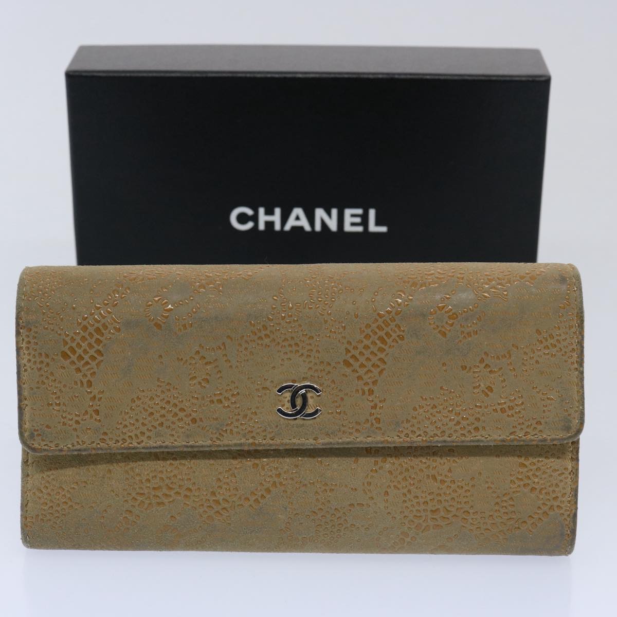 CHANEL Long Wallet Suede Beige CC Auth bs10744