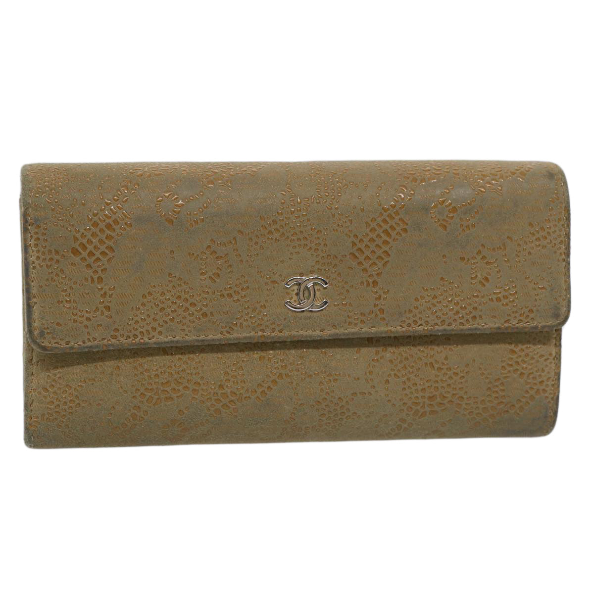 CHANEL Long Wallet Suede Beige CC Auth bs10744