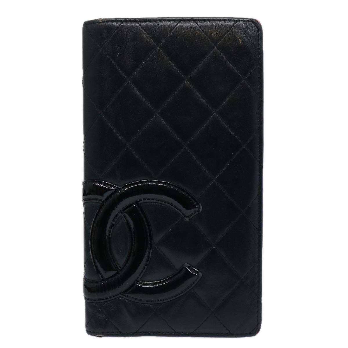 CHANEL Cambon Line Long Wallet Leather Black CC Auth bs10747