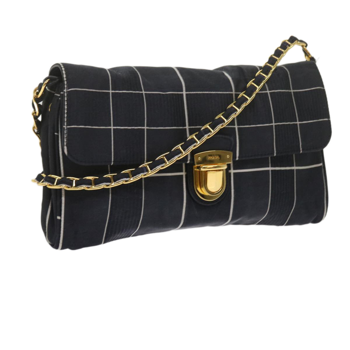 PRADA Chain Shoulder Bag Satin Navy Auth bs10795