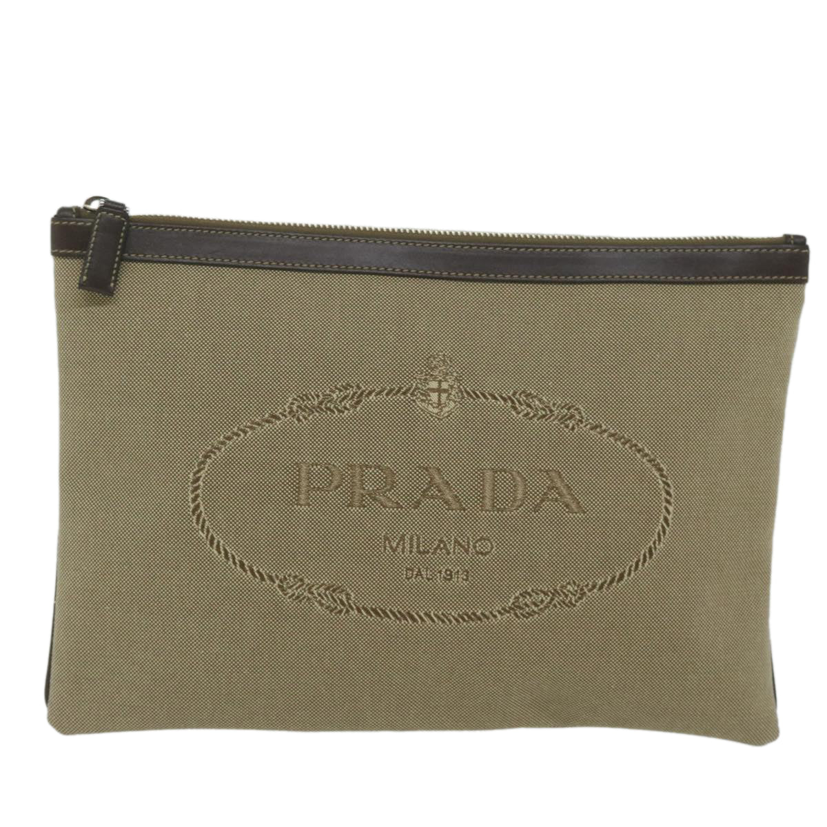 PRADA Clutch Bag Canvas Beige Auth bs10802