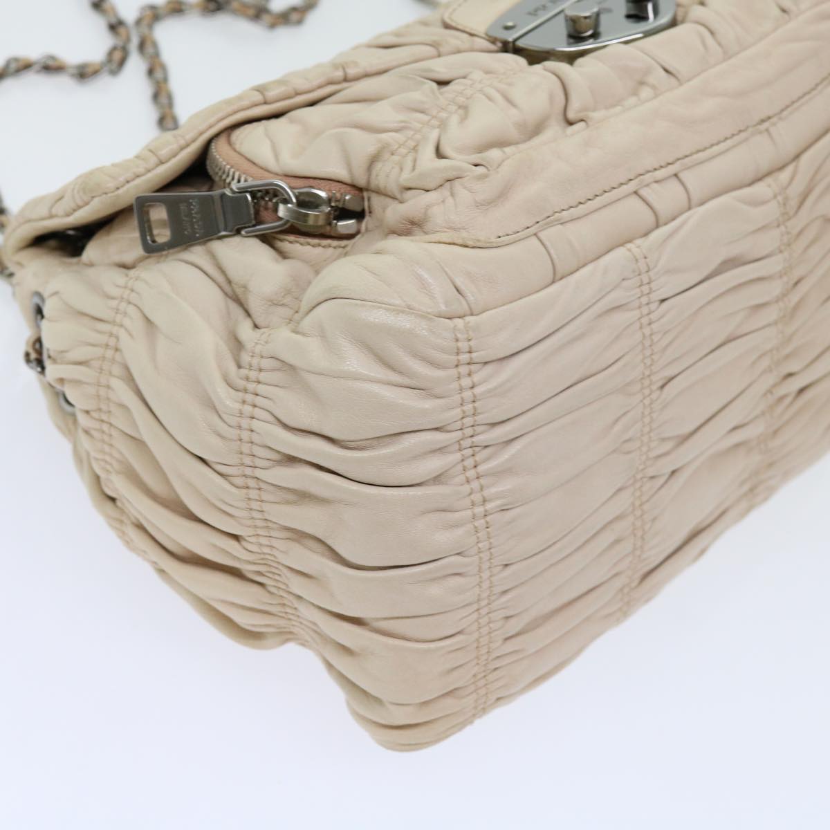 PRADA Chain Shoulder Bag Leather Beige Auth bs10858