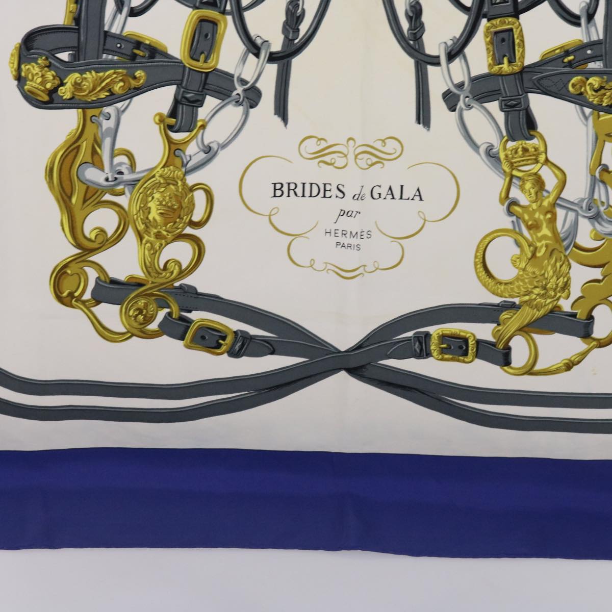 HERMES Carre 90 BRIDES de GALA Scarf Silk Blue Auth bs10916