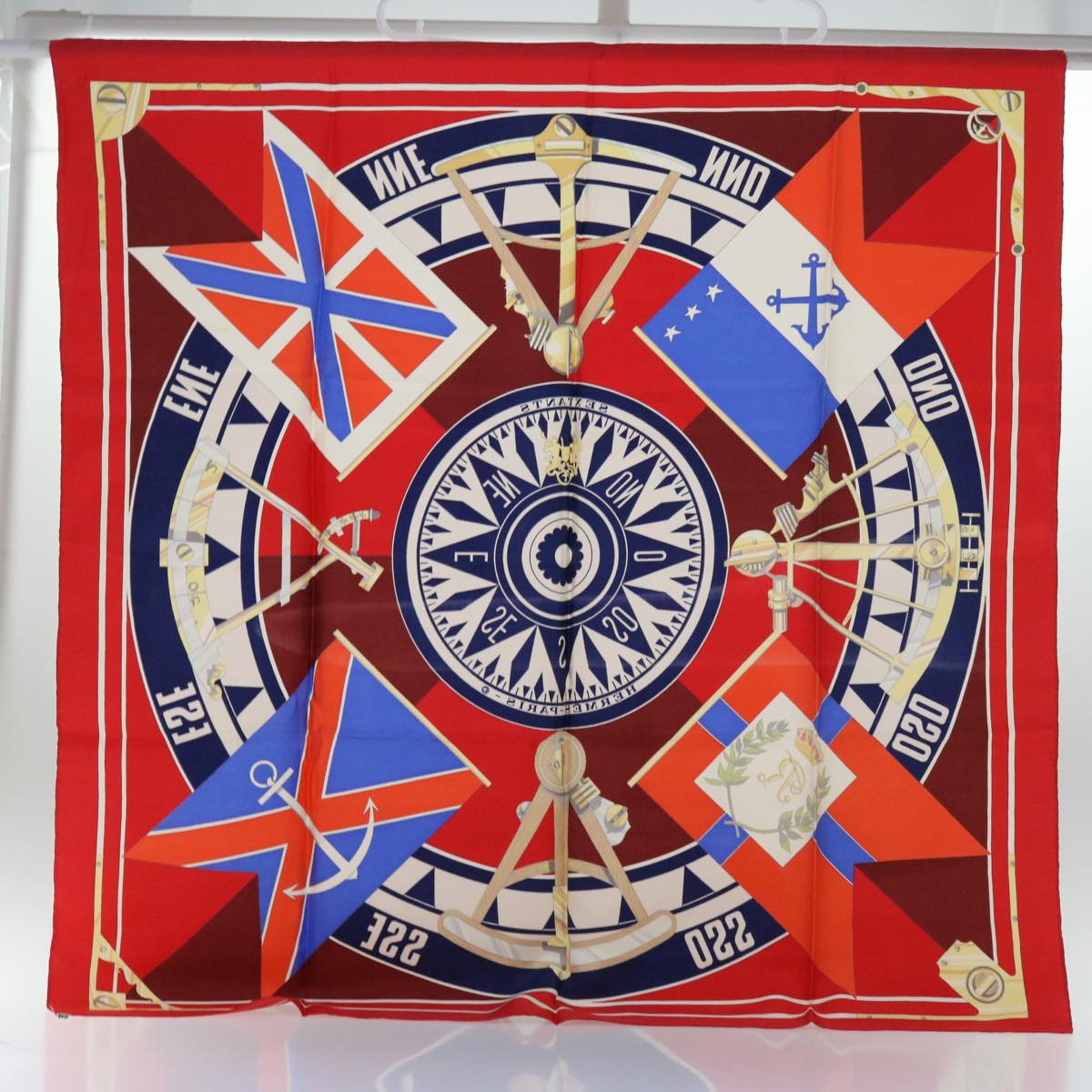 HERMES Carre 90 SEXTANTS Scarf Silk Red Auth bs10917