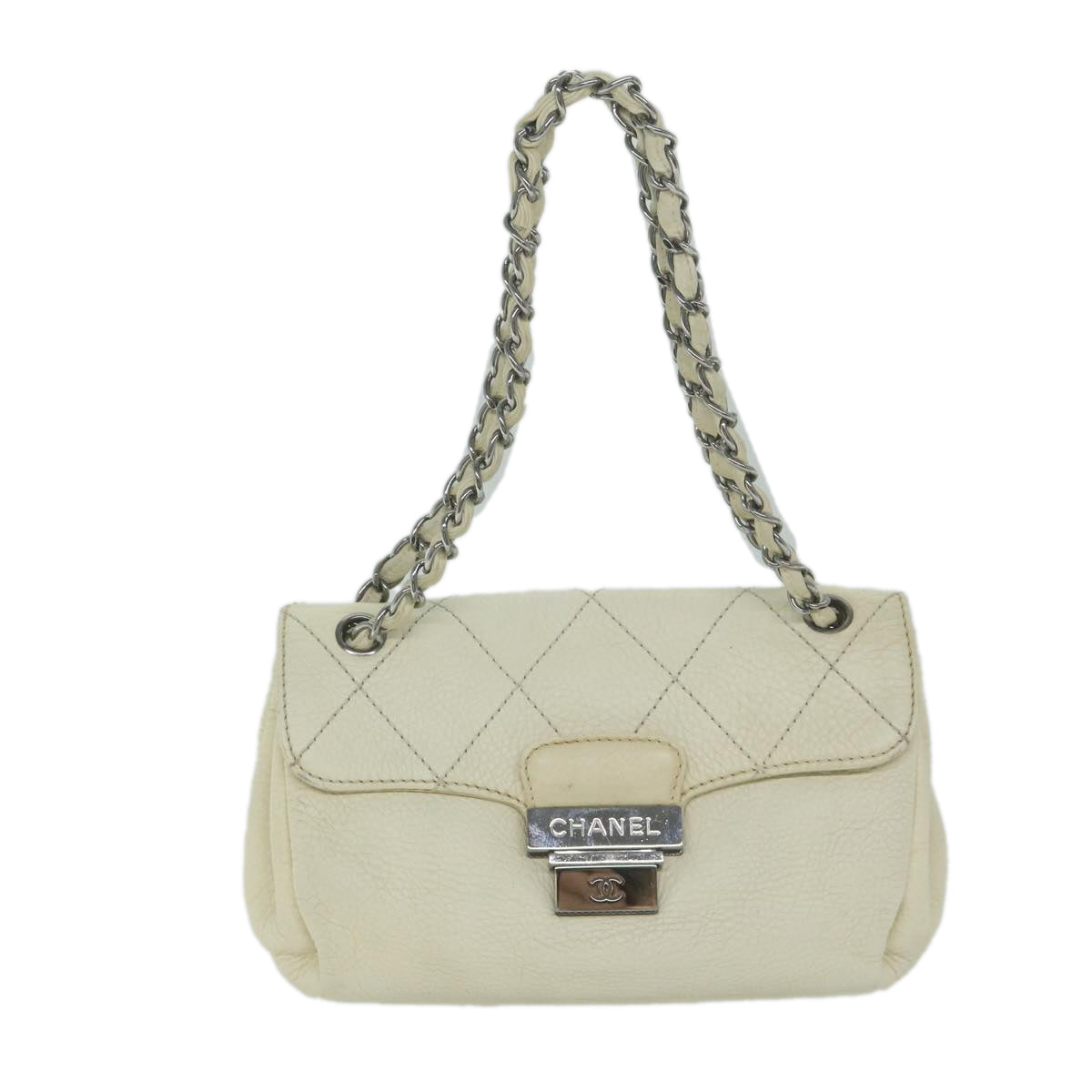 CHANEL Chain Shoulder Bag Leather White CC Auth bs10926