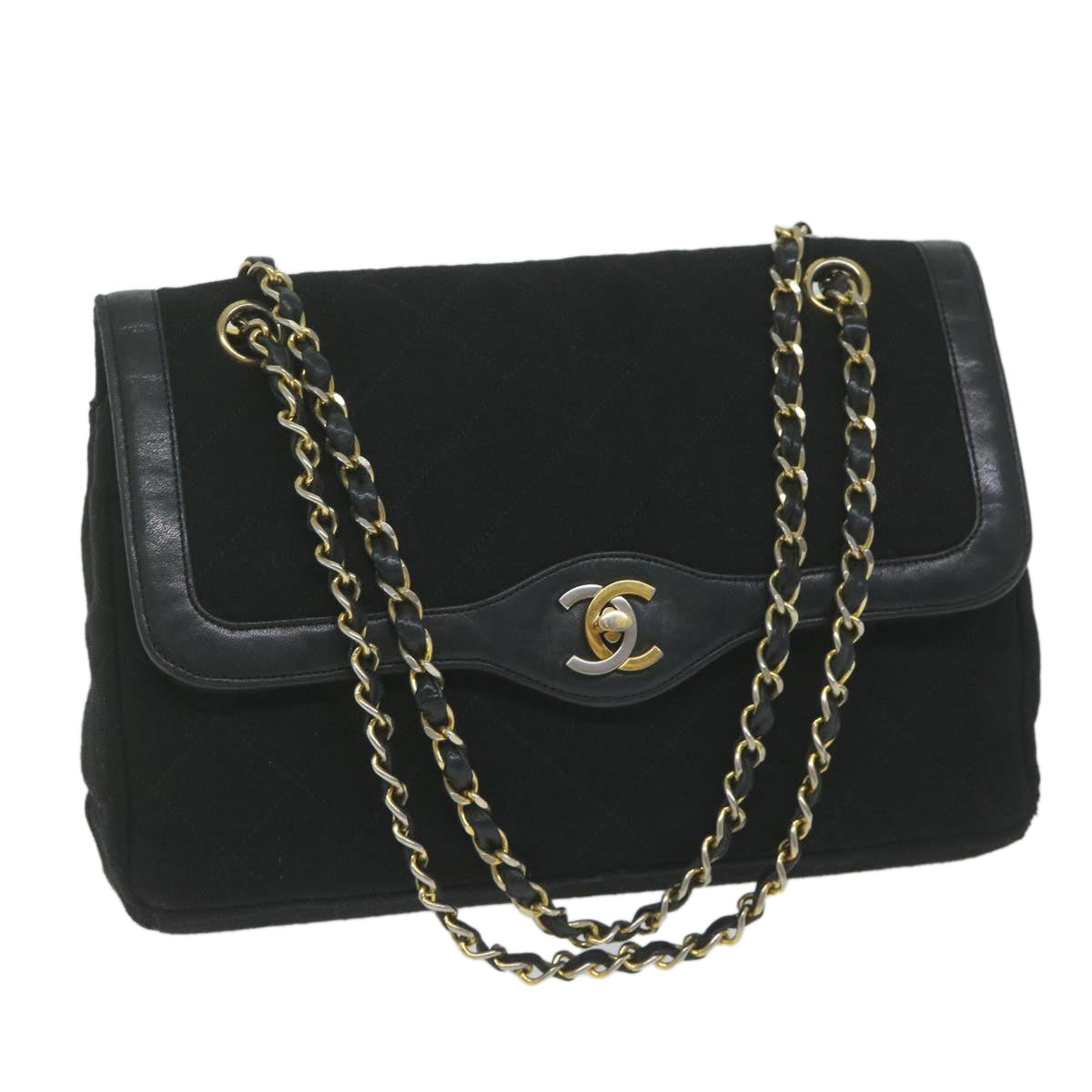 CHANEL Matelasse Chain Shoulder Bag Cotton Black CC Auth bs10930