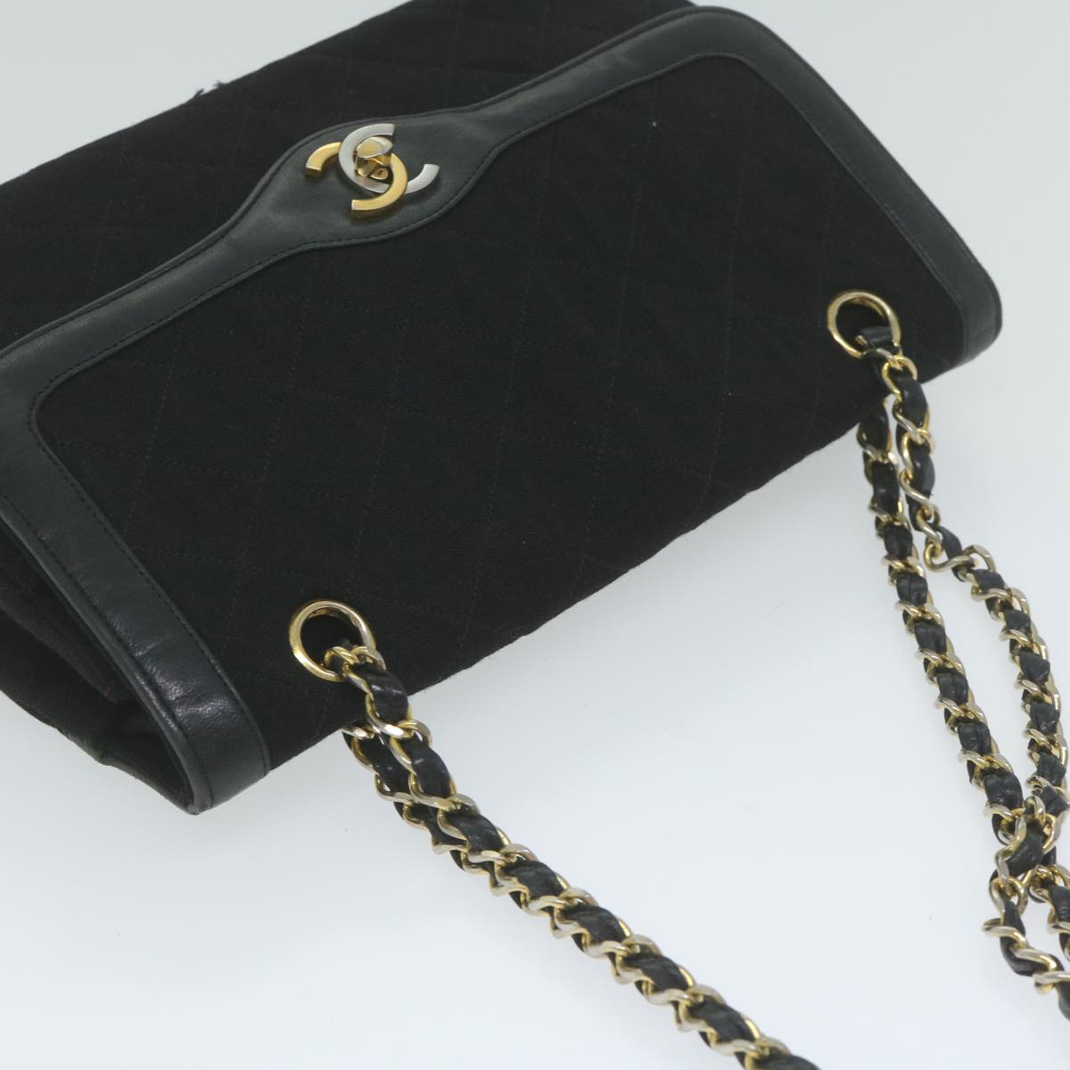 CHANEL Matelasse Chain Shoulder Bag Cotton Black CC Auth bs10930