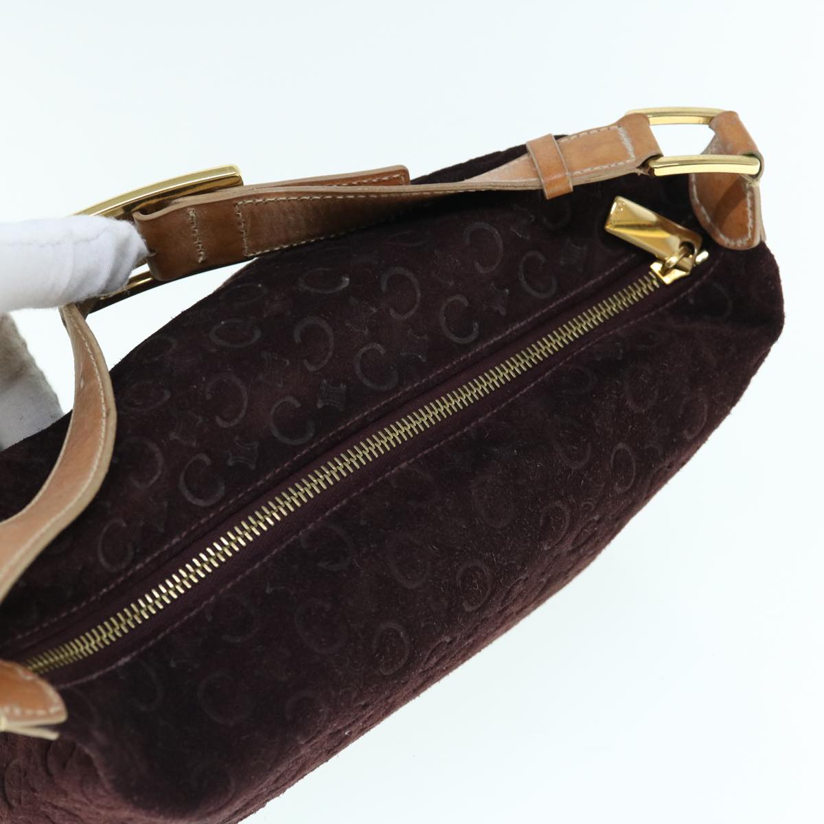 CELINE C Macadam Canvas Shoulder Bag Wine Red Auth bs11004