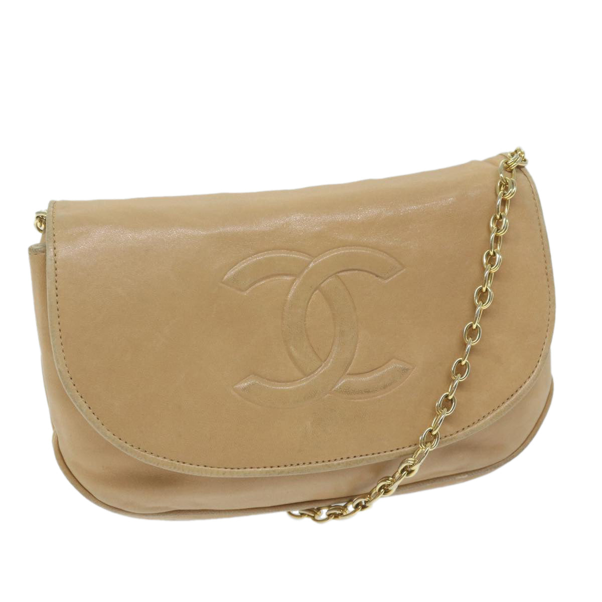 CHANEL Chain Shoulder Bag Lamb Skin Beige CC Auth bs11053