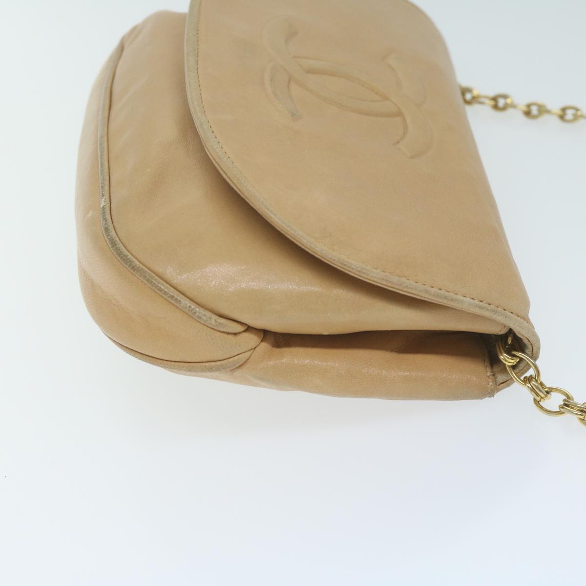 CHANEL Chain Shoulder Bag Lamb Skin Beige CC Auth bs11053