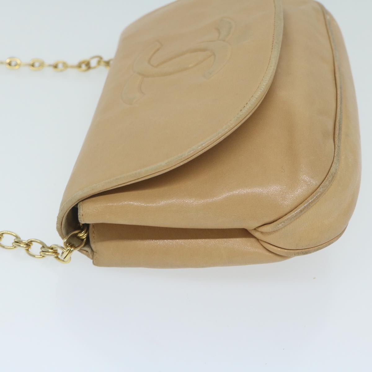 CHANEL Chain Shoulder Bag Lamb Skin Beige CC Auth bs11053