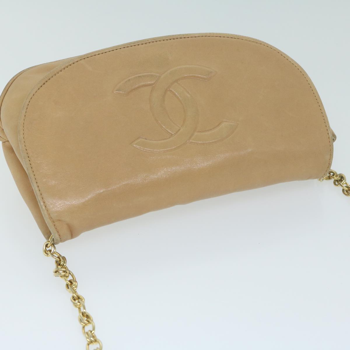 CHANEL Chain Shoulder Bag Lamb Skin Beige CC Auth bs11053