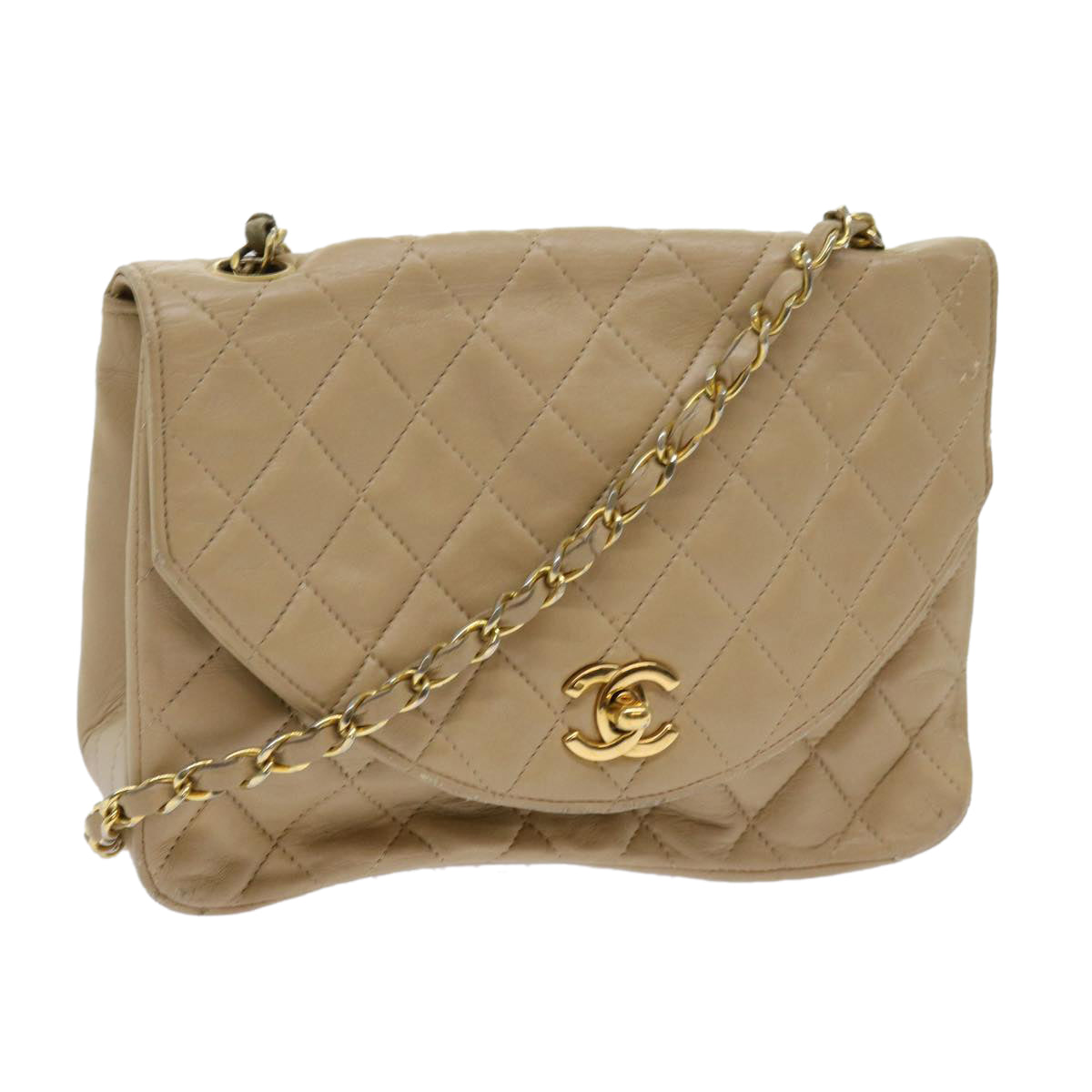 CHANEL Matelasse Chain Shoulder Bag Lamb Skin Beige CC Auth bs11057