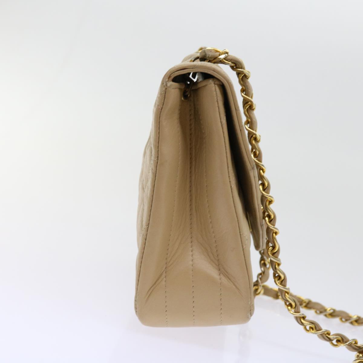 CHANEL Matelasse Chain Shoulder Bag Lamb Skin Beige CC Auth bs11057