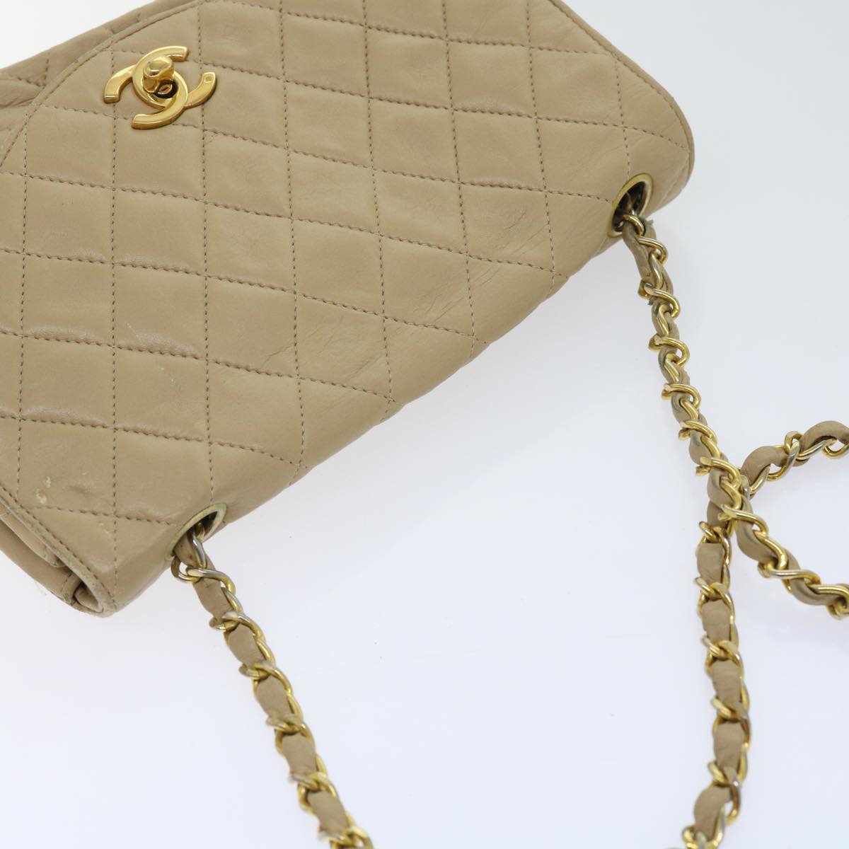 CHANEL Matelasse Chain Shoulder Bag Lamb Skin Beige CC Auth bs11057