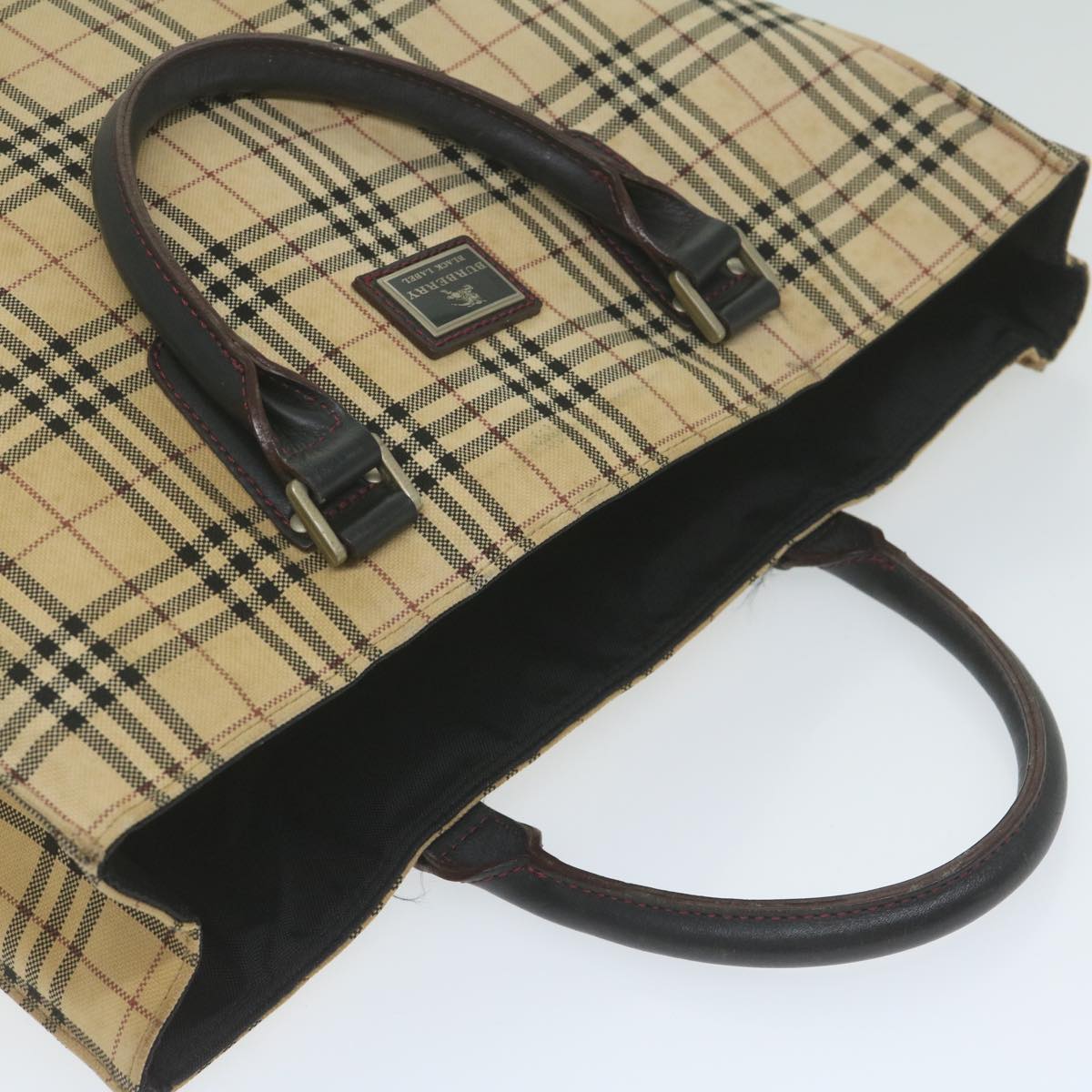 BURBERRY Nova Check Black label Hand Bag Canvas Beige Auth bs11104