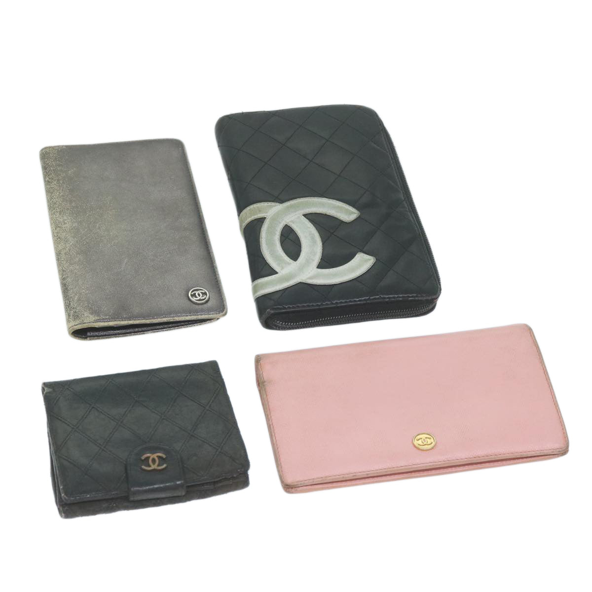 CHANEL Wallet Leather 4Set Black Pink Silver CC Auth bs11167