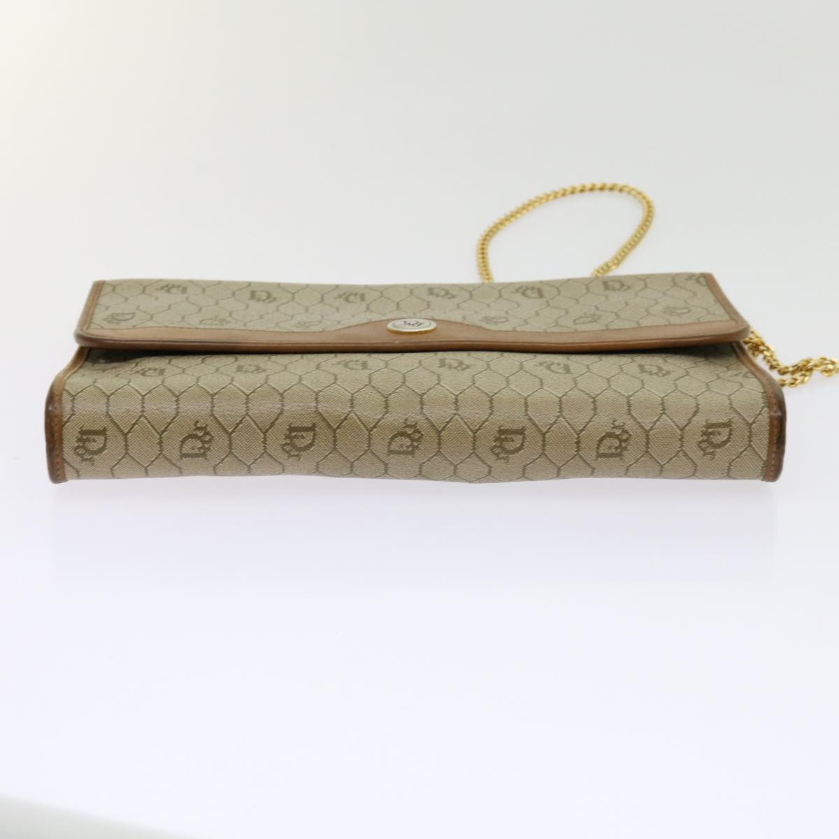 Christian Dior Honeycomb Canvas Chain Shoulder Bag Beige Auth bs11193