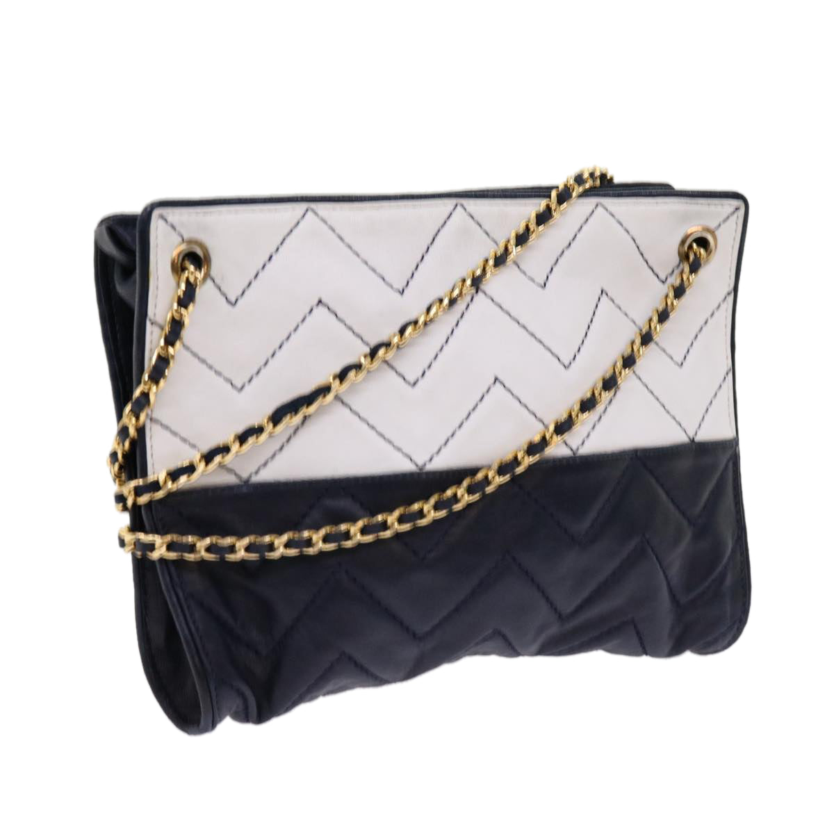 GIVENCHY Chain Shoulder Bag Leather White Navy Auth bs11231