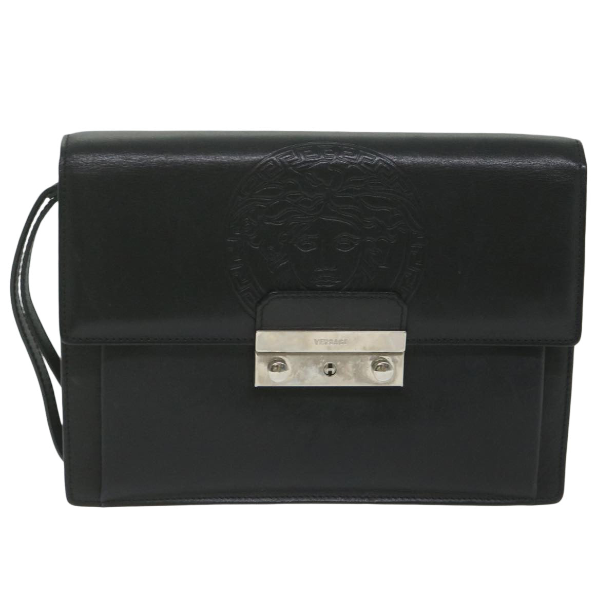 VERSACE Clutch Bag Leather Black Auth bs11246
