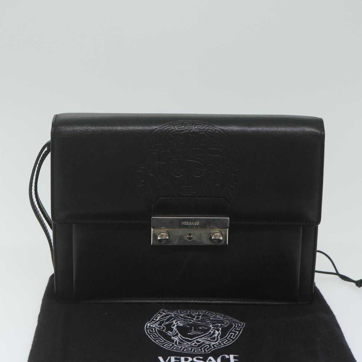 VERSACE Clutch Bag Leather Black Auth bs11246