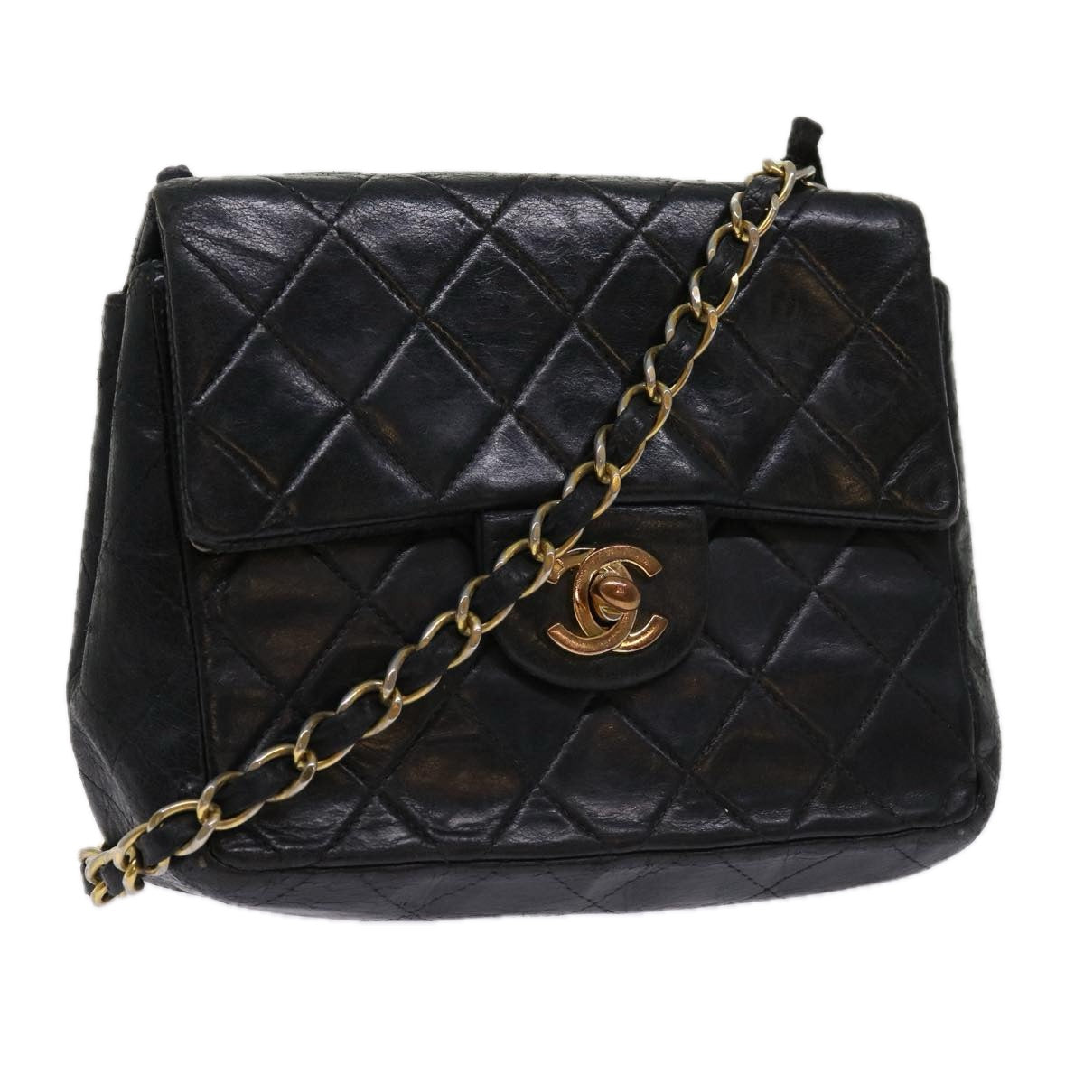 CHANEL Matelasse Chain Shoulder Bag Lamb Skin Black CC Auth bs11316