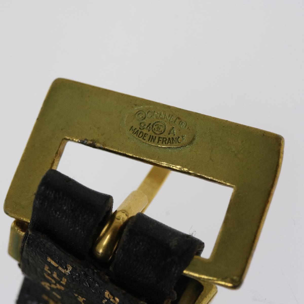 CHANEL Belt Leather 25.6""-27.6"" Gold Tone Black CC Auth bs11333