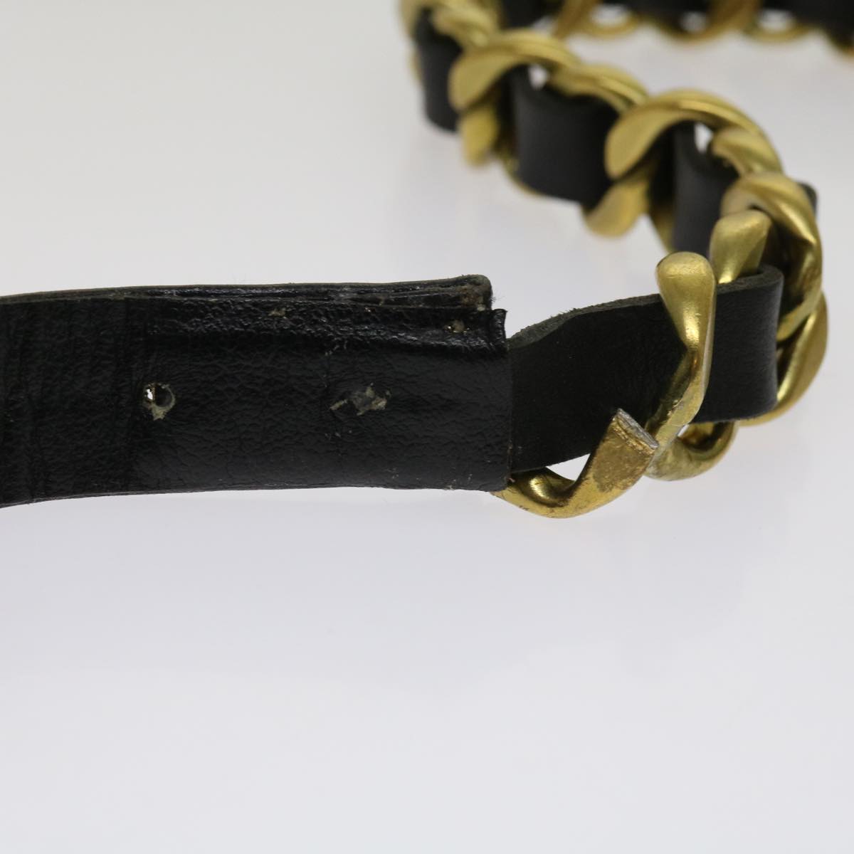 CHANEL Belt Leather 25.6""-27.6"" Gold Tone Black CC Auth bs11333