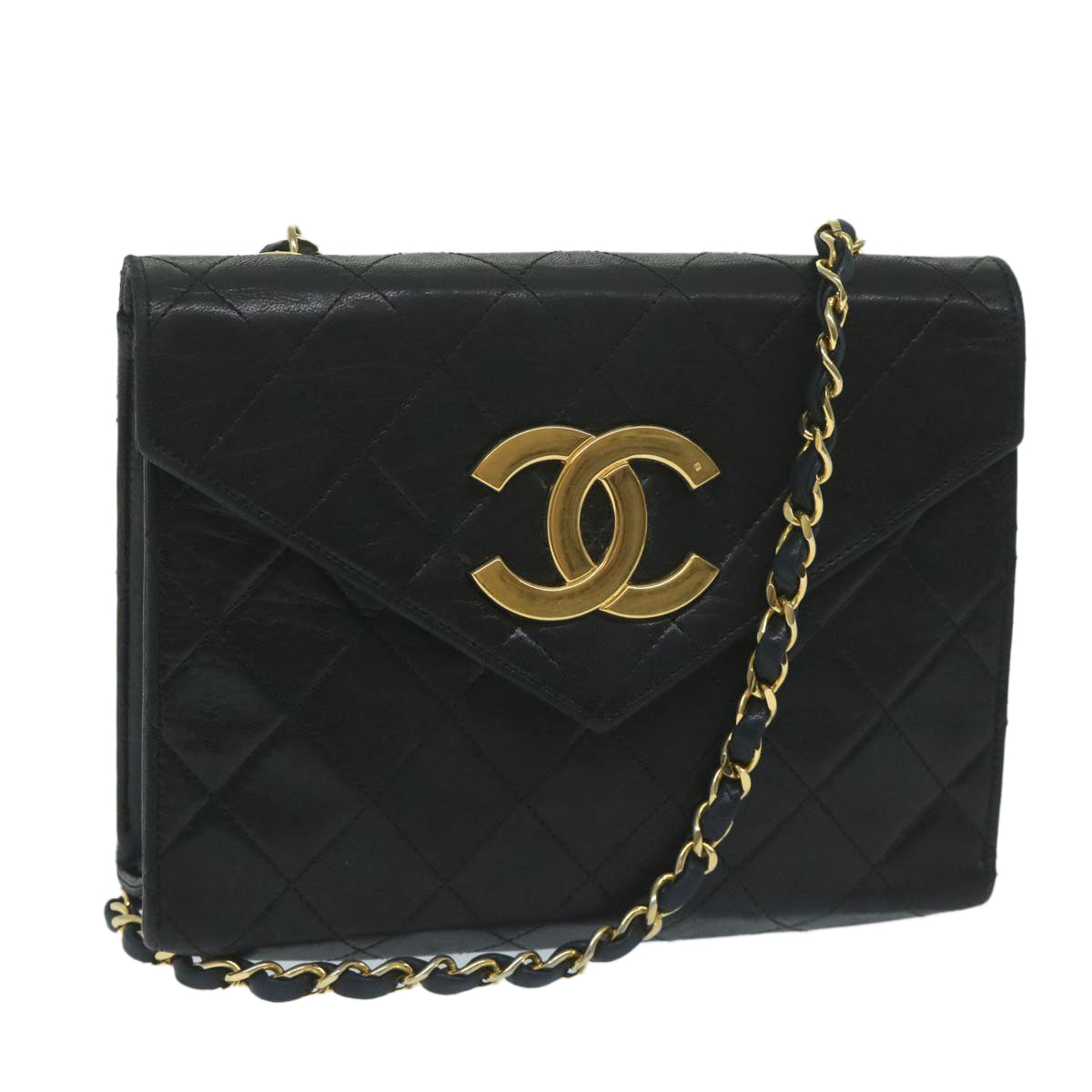 CHANEL Matelasse Chain Shoulder Bag Lamb Skin Black CC Auth bs11401