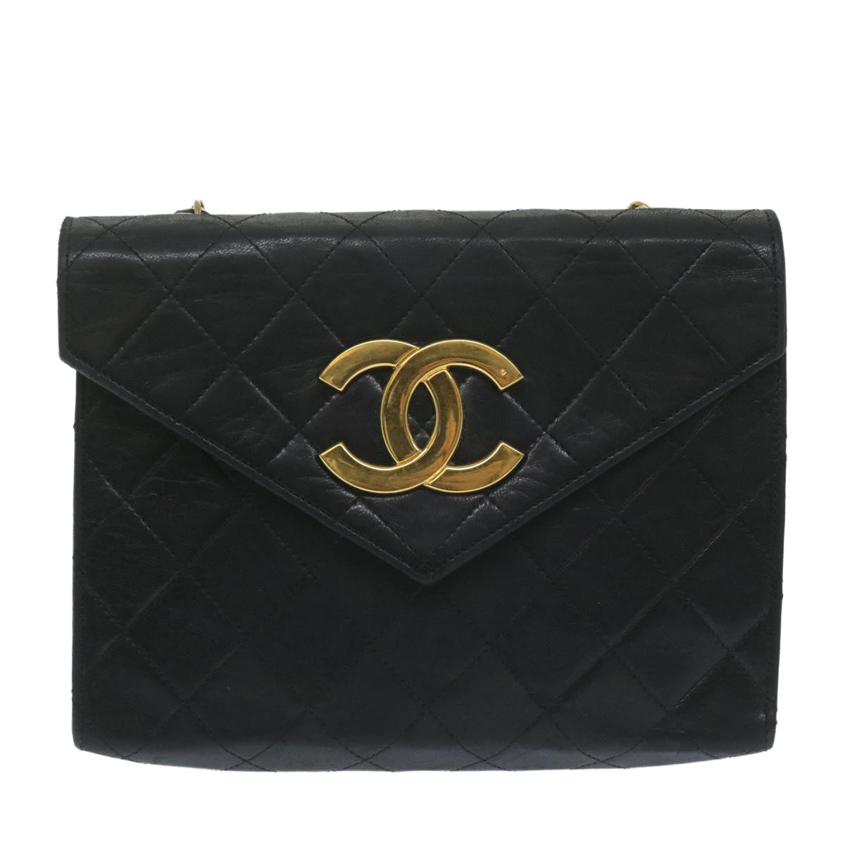 CHANEL Matelasse Chain Shoulder Bag Lamb Skin Black CC Auth bs11401