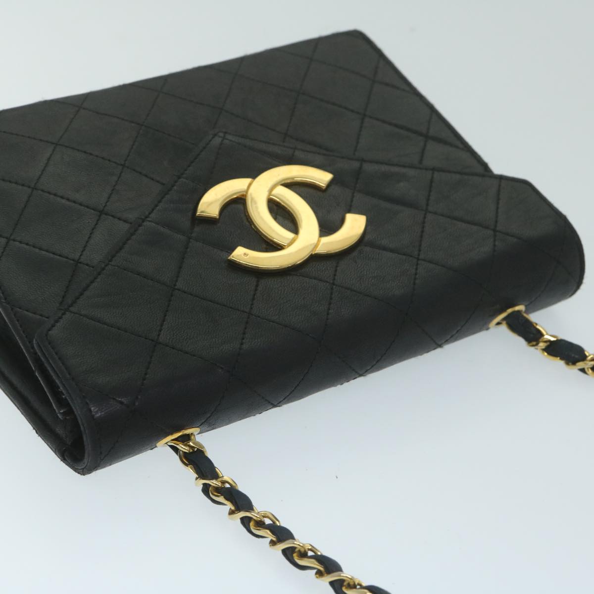 CHANEL Matelasse Chain Shoulder Bag Lamb Skin Black CC Auth bs11401