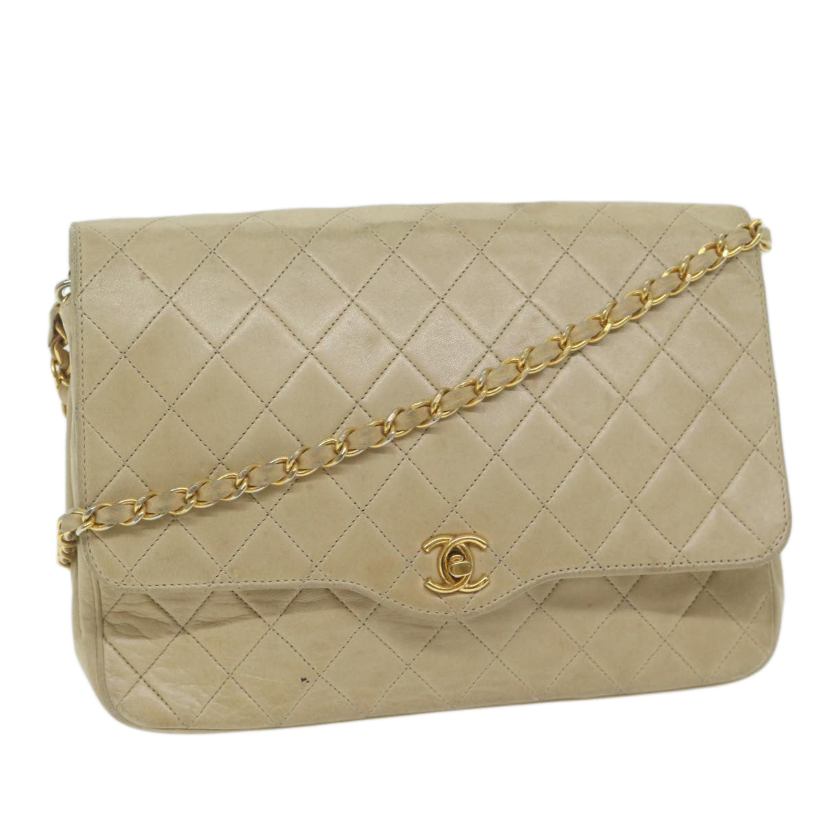 CHANEL Matelasse Chain Shoulder Bag Lamb Skin Beige CC Auth bs11471