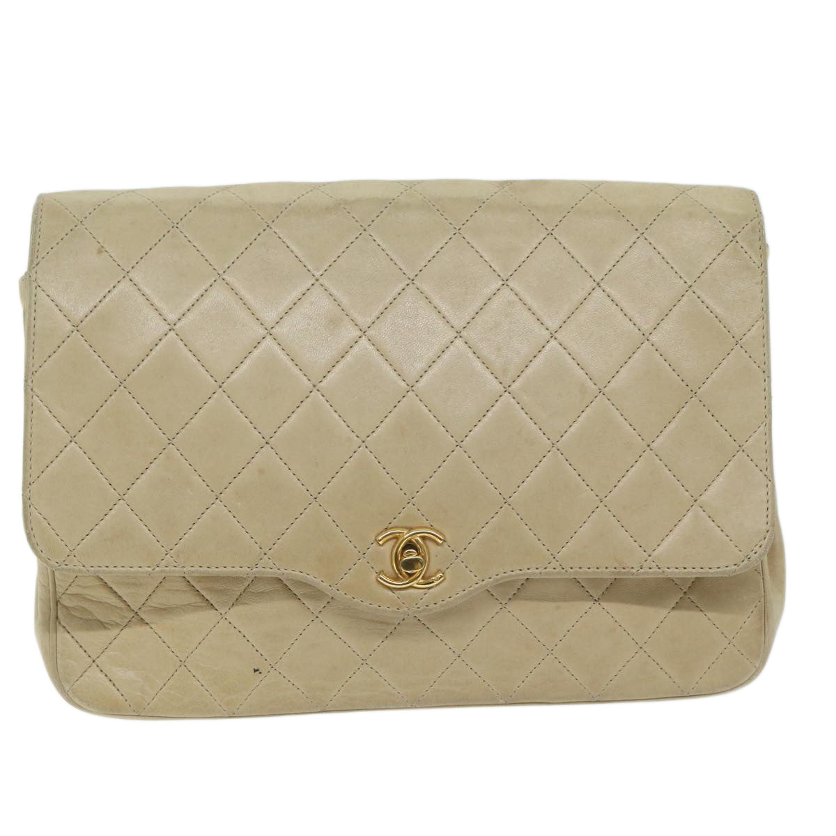 CHANEL Matelasse Chain Shoulder Bag Lamb Skin Beige CC Auth bs11471 - 0