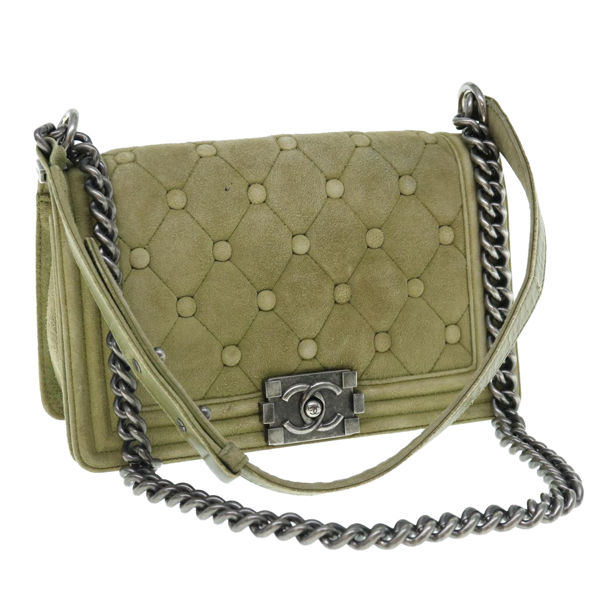 CHANEL Chain Boy Chanel Shoulder Bag Suede Khaki CC Auth bs11570