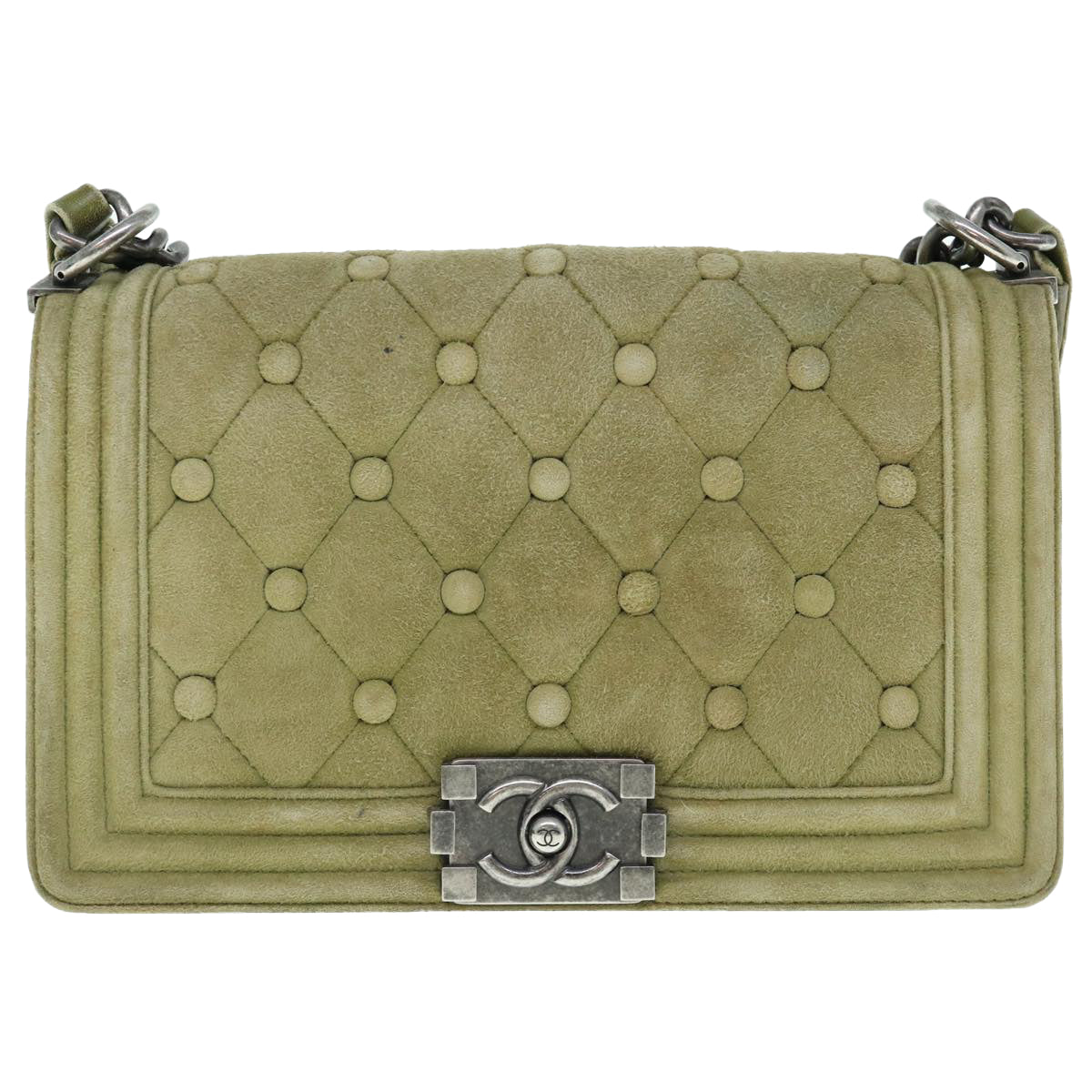 CHANEL Chain Boy Chanel Shoulder Bag Suede Khaki CC Auth bs11570