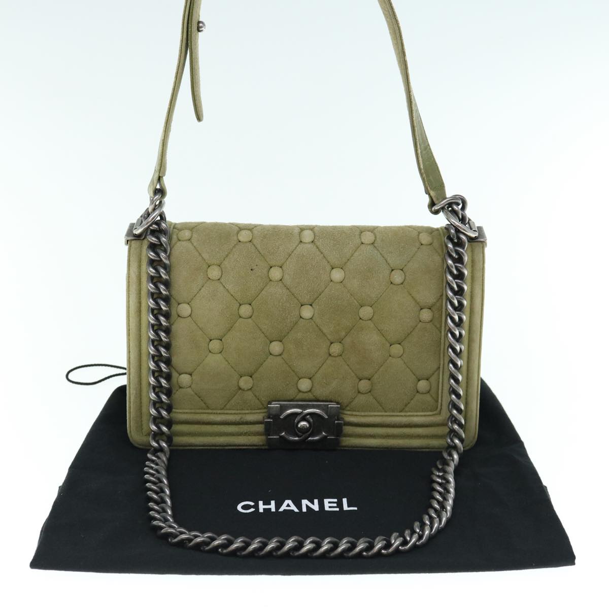 CHANEL Chain Boy Chanel Shoulder Bag Suede Khaki CC Auth bs11570