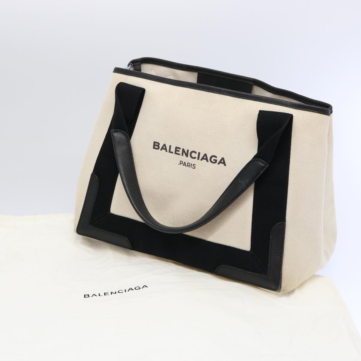 BALENCIAGA Hand Bag Canvas White Black Auth bs11596