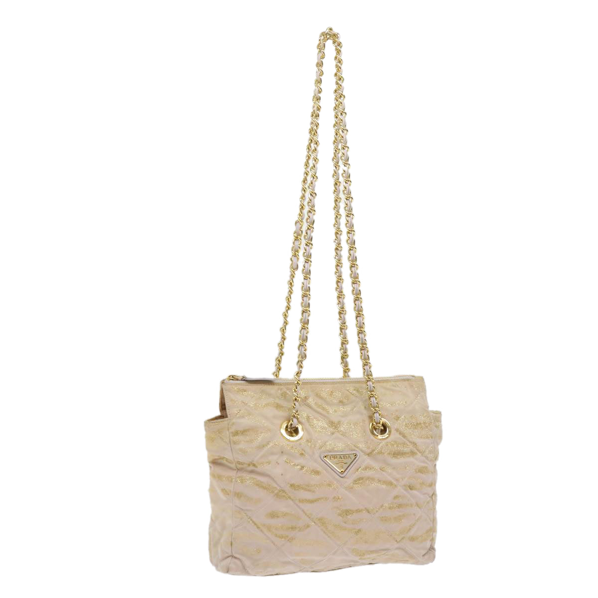 PRADA Quilted Chain Shoulder Bag Nylon Beige Gold Auth bs11645