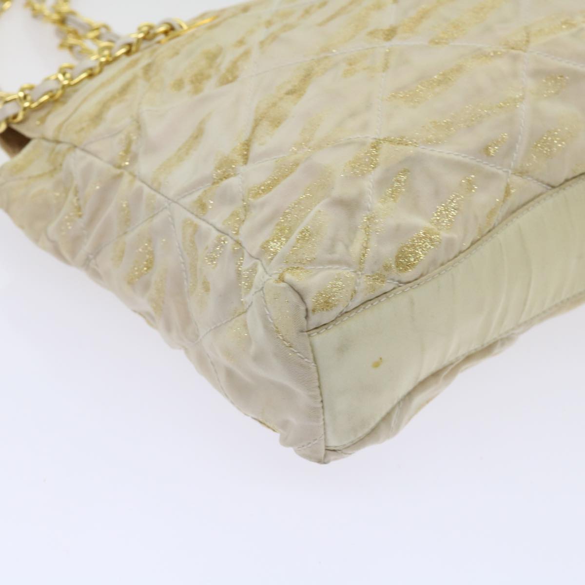 PRADA Quilted Chain Shoulder Bag Nylon Beige Gold Auth bs11645