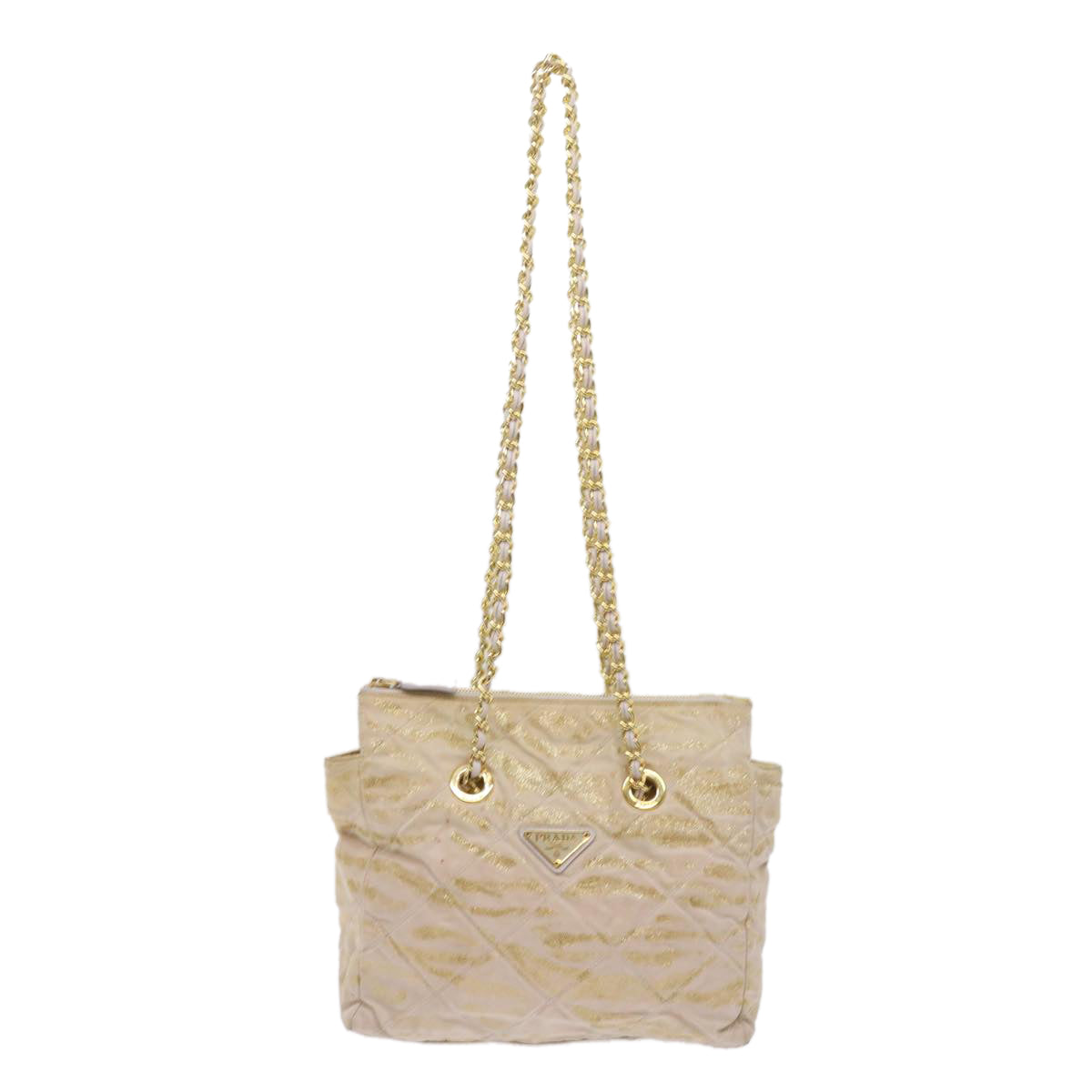 PRADA Quilted Chain Shoulder Bag Nylon Beige Gold Auth bs11645