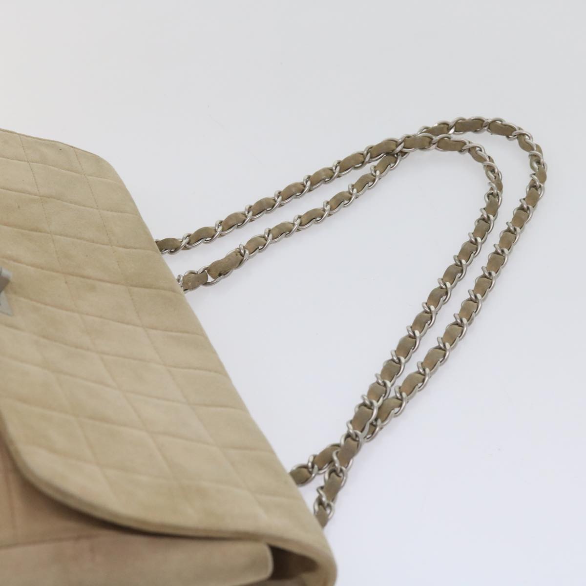 CHANEL Choco Bar Chain Shoulder Bag Suede Beige CC Auth bs11679