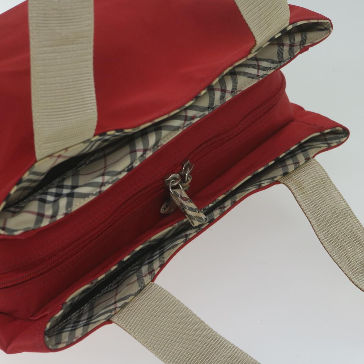 BURBERRY Nova Check Hand Bag Nylon Red Beige Auth bs11731