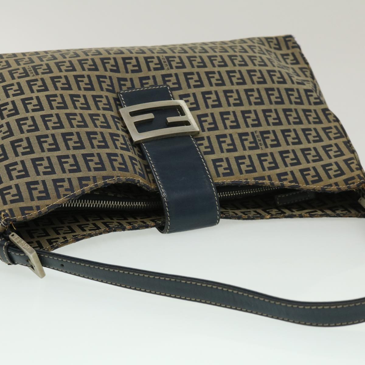 FENDI Zucchino Canvas Mamma Baguette Shoulder Bag Navy Auth bs1329