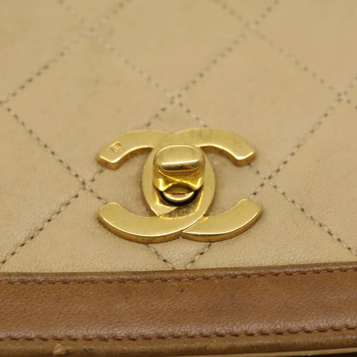 CHANEL Matelasse Chain Shoulder Bag Lamb Skin Beige Gold CC Auth bs1330A