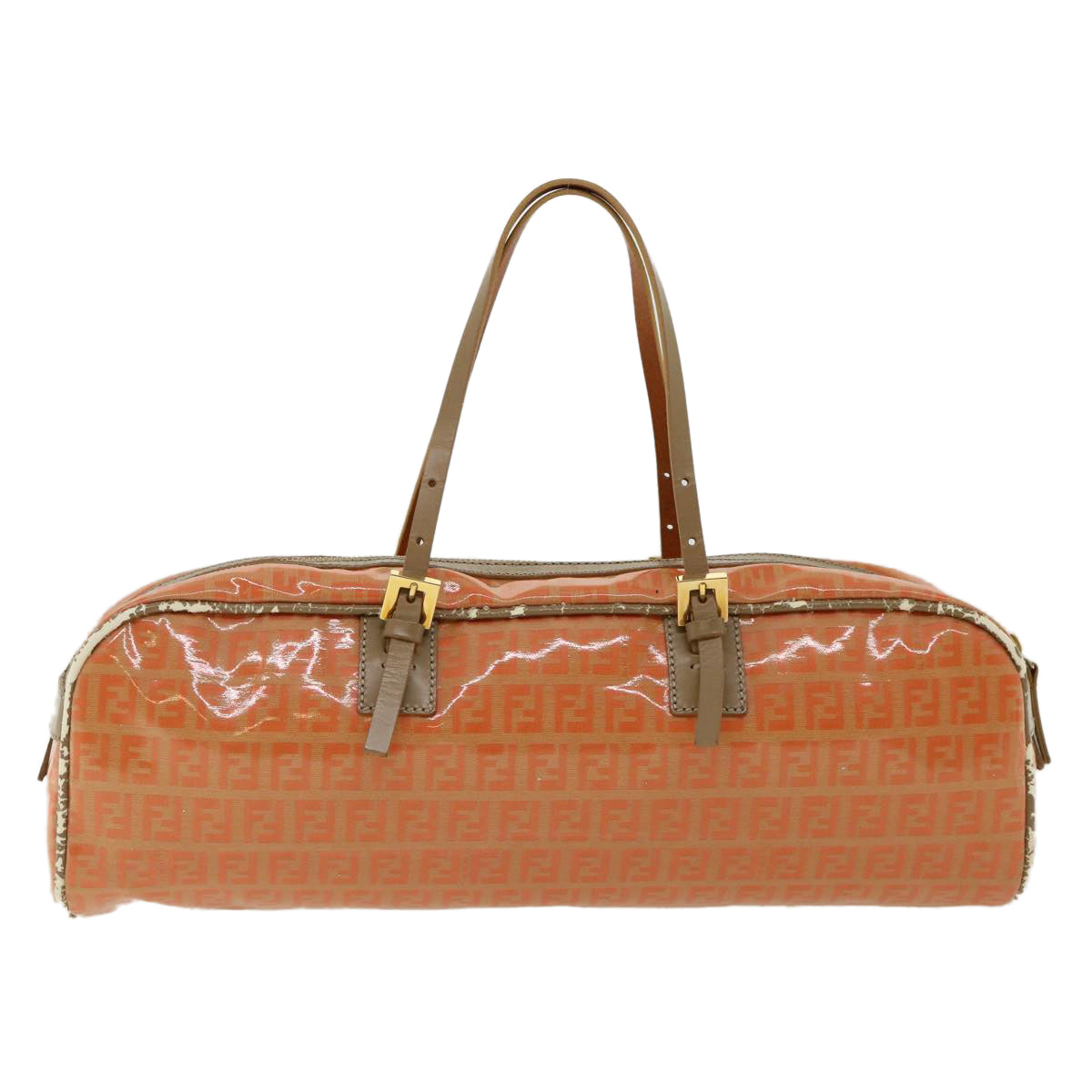 FENDI Zucchino Canvas Hand Bag Enamel Orange Auth bs2431