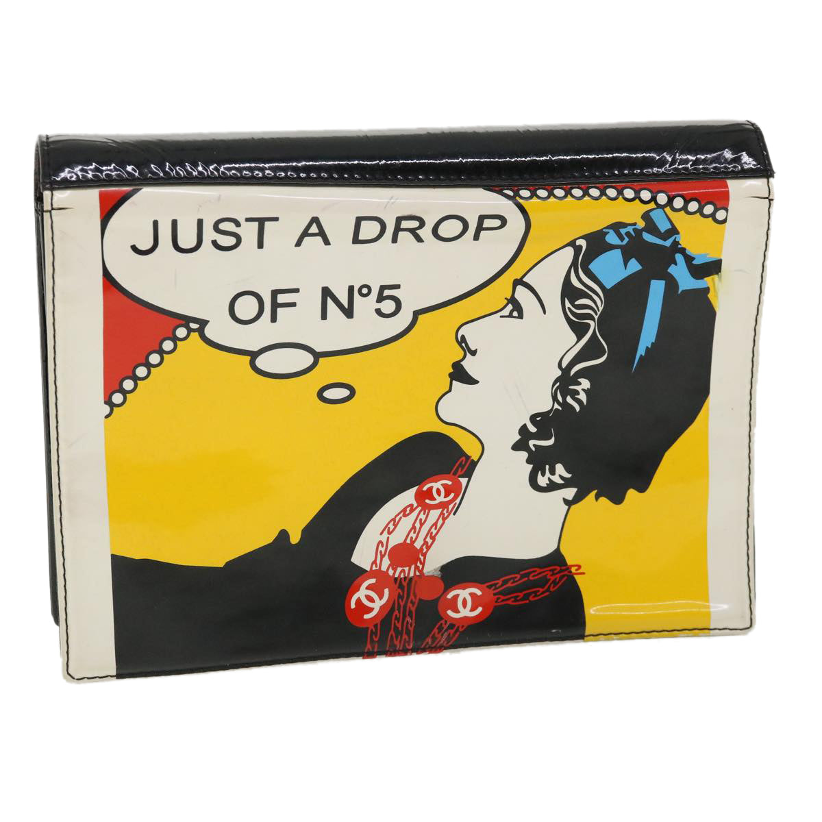 CHANEL Mademoiselle Comic JUST A DROP OF NO.5 Clutch Bag Patent CC Auth bs2816