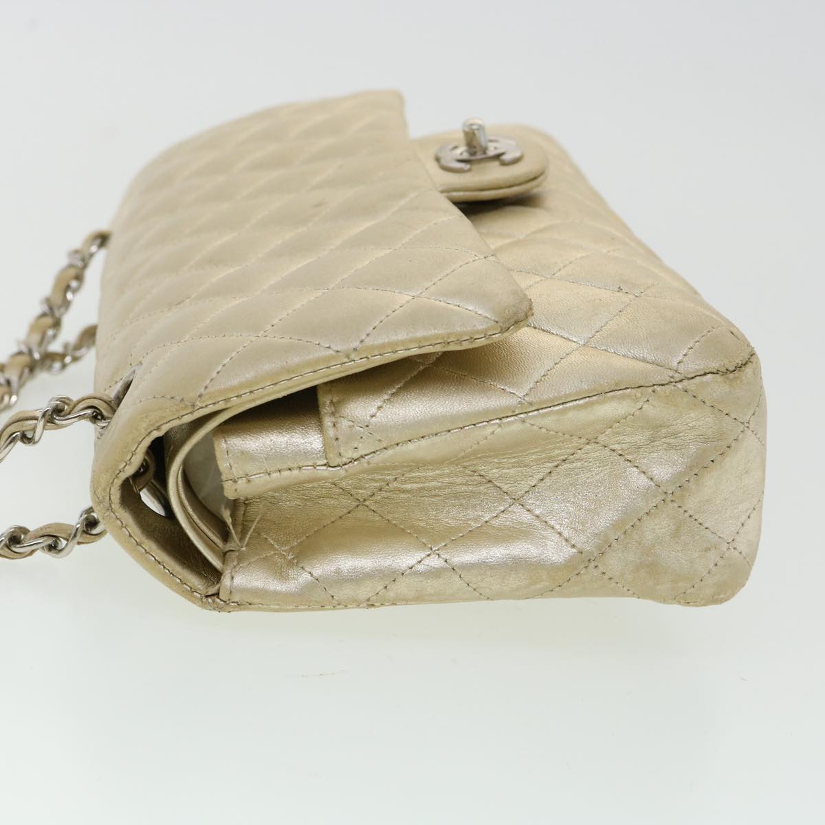 CHANEL Matelasse Turn Lock Chain Shoulder Bag Lamb Skin Gold CC Auth bs3083A