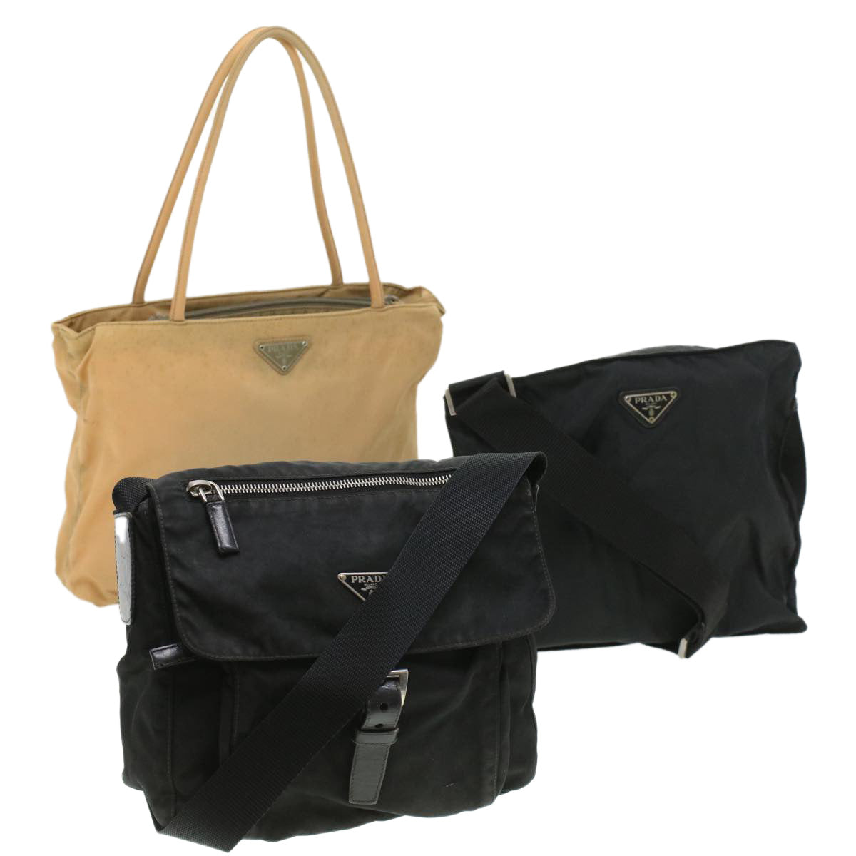 PRADA Shoulder Bag Hand Bag Nylon 3Set Beige Black Auth bs3192