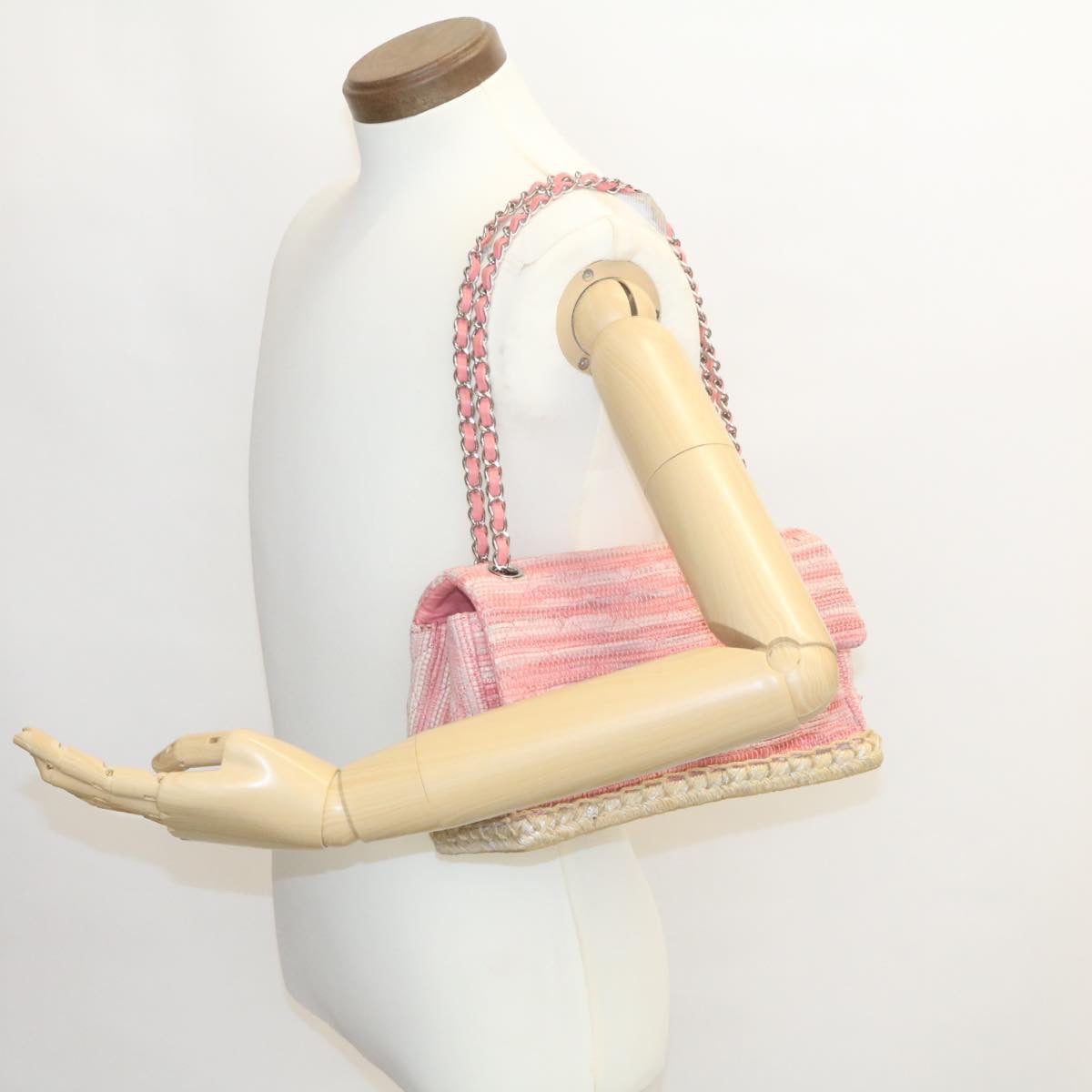 CHANEL Chain Flap Shoulder Bag Turn Lock Canvas Pink CC Auth bs334A
