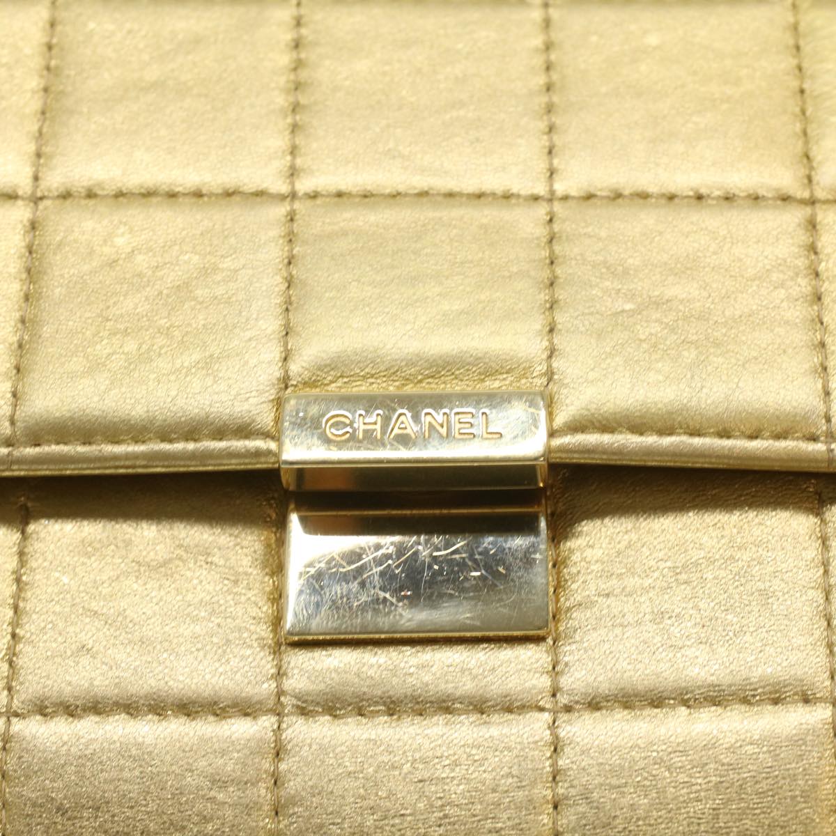 CHANEL Choco Bar line Chain Shoulder Bag Leather Gold CC Auth bs3477A